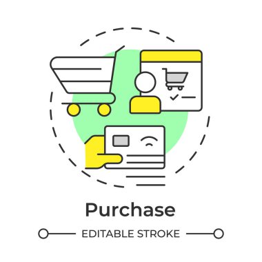 Çok renkli konsept simgesi satın al. İnternetten alışveriş, ticaret. Ürün satışı, finansal işlemler. Yuvarlak şekil çizimi. Soyut bir fikir. Grafik tasarımı. Kitapçıkta kullanması kolay