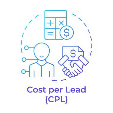 Öncü mavi gradyan konsept simgesi başına maliyet. Pazarlama metriği, reklam kampanyası. Şirket müşterileri. Yuvarlak şekil çizimi. Soyut bir fikir. Grafik tasarımı. Kitapçıkta, makalede kullanması kolay