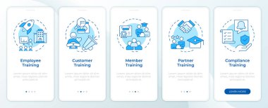 Mobil uygulama ekranında profesyonel eğitim mavisi. Kurumsal büyüme. Doğrusal kavramlarla düzenlenebilir grafik yönergelerini 5 adımda gezdir. UI, UX, GUI. Montserrat Yarı Kalın, Düzenli yazı tipleri