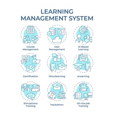 Yönetim sistemi yumuşak mavi konsept simgeleri öğreniliyor. Çevrimiçi eğitim, gelişim teknolojileri. Simge paketi. Vektör görüntüleri. Sunum için yuvarlak şekilli çizimler, blog yazısı. Soyut fikir