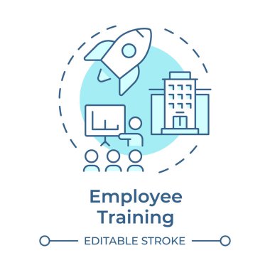 Çalışan, yumuşak mavi konsept ikonu eğitiyor. Profesyonel gelişim, organizasyonel büyüme. Yuvarlak şekil çizimi. Soyut bir fikir. Grafik tasarımı. Sunumda kullanması kolay, günlük iletisi