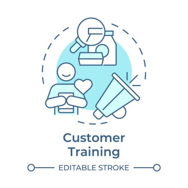 Müşteri yumuşak mavi konsept ikonu eğitiyor. Ürün tanıtımı, kullanıcı deneyimi. Çalışan eğitimi. Yuvarlak şekil çizimi. Soyut bir fikir. Grafik tasarımı. Sunumda kullanması kolay