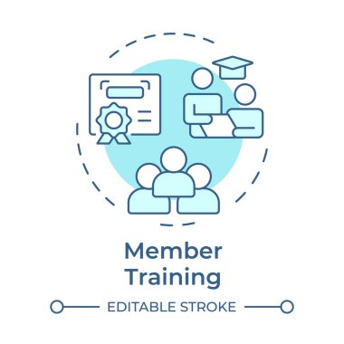 Yumuşak mavi konsept ikonu eğiten üye. Profesyonel sertifika, takım organizasyonu. Kişisel gelişim. Yuvarlak şekil çizimi. Soyut bir fikir. Grafik tasarımı. Sunumda kullanması kolay