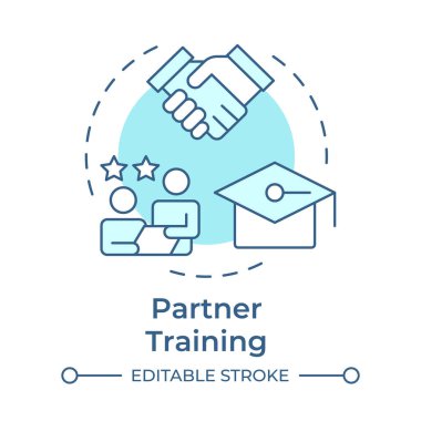 Partner yumuşak mavi konsept ikonu eğitiyor. Eğitim programı, iş ortakları. Yuvarlak şekil çizimi. Soyut bir fikir. Grafik tasarımı. Sunumda kullanması kolay, günlük iletisi
