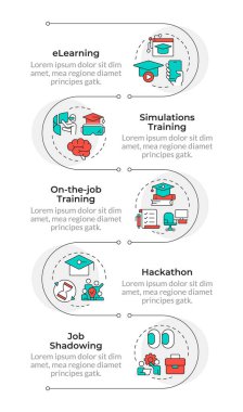 Profesyonel geliştirme yöntemleri infografik dikey dizilim. Kariyer gelişimi, takım çalışması. 5 adımlı görselleştirme bilgi tablosu. Daireler iş akışı. Montserrat Yarı Kalın, Lato Düzenli yazı tipleri