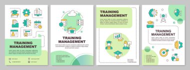 Eğitim yönetimi yeşil daire broşürü. Bulut teknolojileri, veri tabanı kontrolü. Renk çizgisi simgeli broşür reklam tasarımı. Düzenlenebilir 4 sayfa. Kullanılan Arial-Kalın, Myriad Pro-Normal yazı tipleri