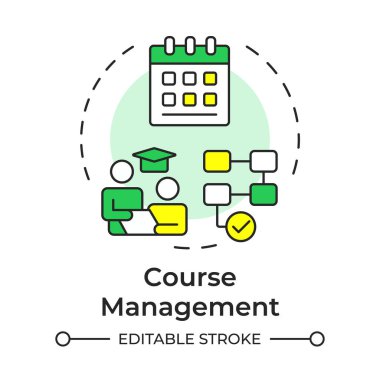 Ders yönetimi çok renkli konsept simgesi. Eğitici materyaller, öğrenme süreci. Yuvarlak şekil çizimi. Soyut bir fikir. Grafik tasarımı. Sunumda kullanması kolay, günlük iletisi