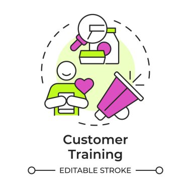 Müşteri eğitiminde çok renkli konsept simgesi. Ürün tanıtımı, kullanıcı deneyimi. Çalışan eğitimi. Yuvarlak şekil çizimi. Soyut bir fikir. Grafik tasarımı. Sunumda kullanması kolay