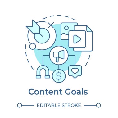 İçerik hedefleri yumuşak mavi konsept simgesi. Pazarlama stratejisi, hedef kitle. Yuvarlak şekil çizimi. Soyut bir fikir. Grafik tasarımı. Sunumda kullanması kolay, promosyon malzemesi