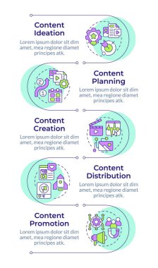 İçerik yaşam döngüsü bilgisel dikey dizilimi aşamalar. E-posta bültenleri, sosyal medya. 5 adımlı görselleştirme bilgi tablosu. Daireler iş akışı. Montserrat Yarı Kalın, Lato Düzenli yazı tipleri