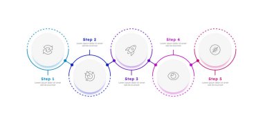 İş geliştirme stratejisi çok renkli çember yatay zaman çizgisi bilgisi 5 adım. Etkili başlangıç başlatılıyor. Şirketi yükseltiyorum. Düzenlenebilir ince çizgi simgeleri diyagramı işlemi. Kullanılan Lexend yazı tipi