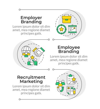 İşveren markalaştırma bilgisi dikey dizisi. İK yönetimi. Şirketin işe alım itibarı. 3 adımlı görselleştirme bilgi tablosu. Daireler iş akışı. Montserrat Yarı Kalın, Lato Düzenli yazı tipleri