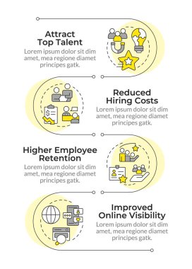 İşverenin markalaştırma önemi bilgisel dikey dizilim. İnsan kaynakları stratejisi. Şirket itibarı. 4 adımlı görselleştirme bilgi tablosu. Daireler iş akışı. Montserrat Yarı Kalın, Lato Düzenli yazı tipleri
