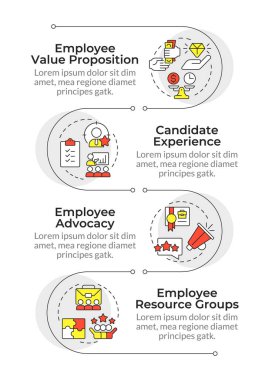 İşveren markalaştırma bileşenleri bilgisel dikey dizilim. İşe alım stratejisi gelişimi. 4 adımlı görselleştirme bilgi tablosu. Daireler iş akışı. Montserrat Yarı Kalın, Lato Düzenli yazı tipleri