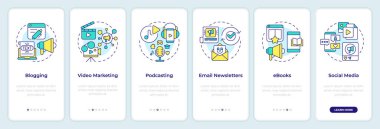 Mobil uygulama ekranında pazarlama içeriği biçimleri. Doğrusal kavramlarla birlikte 6 basamaklı düzenlenebilir grafik talimatlarını gözden geçir. UI, UX, GUI. Montserrat Yarı Kalın, Düzenli yazı tipleri