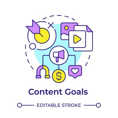 İçerik hedefleri çok renkli konsept simgesi. Pazarlama stratejisi, hedef kitle. Yuvarlak şekil çizimi. Soyut bir fikir. Grafik tasarımı. Sunumda kullanması kolay, promosyon malzemesi