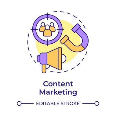 İçerik pazarlama çok renkli konsept simgesi. Hedef kitle, lider nesil. Yuvarlak şekil çizimi. Soyut bir fikir. Grafik tasarımı. Sunumda kullanması kolay, promosyon malzemesi