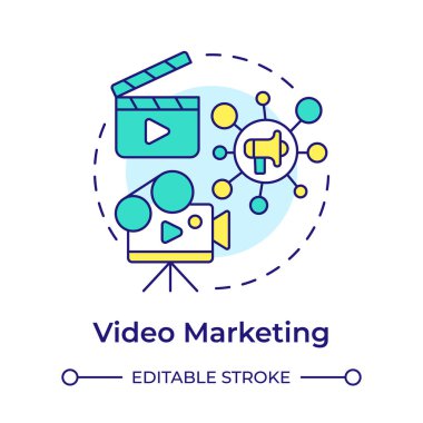 Video pazarlama çok renkli konsept simgesi. Reklam hedefleri, ürün tanıtımı. Yuvarlak şekil çizimi. Soyut bir fikir. Grafik tasarımı. Sunumda kullanması kolay, promosyon malzemesi