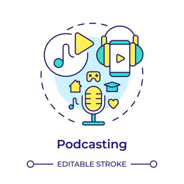 Podcasting çok renkli konsept simgesi. İçerik üretimi, dijital pazarlama. Yuvarlak şekil çizimi. Soyut bir fikir. Grafik tasarımı. Sunumda kullanması kolay, promosyon malzemesi