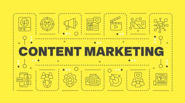 İçerik pazarlama sarı kelime konsepti. Hedef kitle, ürün reklamcılığı. Sosyal ticaret. Yatay vektör görüntüsü. Düzenlenebilir taslak simgelerle çevrili başlık metni. İnbot Sans yazı tipi kullanıldı
