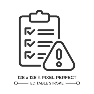 Risk değerlendirme pikseli mükemmel çizgi simgesi. Belgelendirme işlemi. Uyarı işareti, düzenleyici uyum. İzole vektör çizimi. Taslak sembol. Basit doğrusal çizim. Düzenlenebilir vuruş