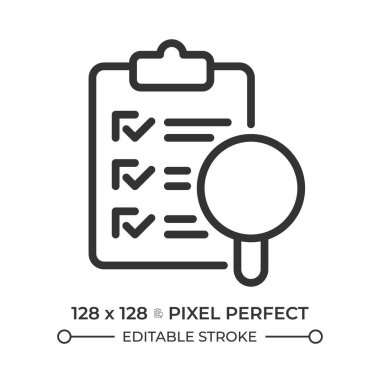 Analiz pikseli mükemmel çizgi simgesi. Veri denetimi, operasyonel denetim. Kalite kontrol, profesyonel hizmet. İzole vektör çizimi. Taslak sembol. Basit doğrusal çizim. Düzenlenebilir vuruş
