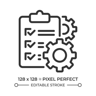 İnceleme süreci piksel mükemmel çizgi simgesi. İşlem yönetimi, operasyonel verimlilik. Teknik iş akışı. İzole vektör çizimi. Taslak sembol. Basit doğrusal çizim. Düzenlenebilir vuruş