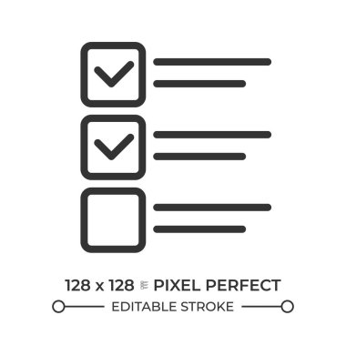 Kontrol listesi piksel mükemmel çizgi simgesi. Tamamlanmış görevler. Servis kalitesi, uyum yönetmeliği. Sosyal araştırma. İzole vektör çizimi. Taslak sembol. Basit doğrusal çizim. Düzenlenebilir vuruş