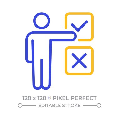 Müşteri kararı pikseli iki renk çizgisi simgesi yapıyor. Eleman seçimi. Seçenekler, çift renk ana hat sembolü değerlendiriliyor. Duotone lineer piktogram. İzole bir illüstrasyon. Düzenlenebilir vuruş