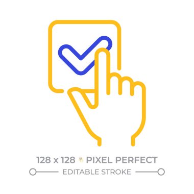 Bir seçim pikseli iki renk çizgisi simgesi. Parmak seçimi, doğrulama seçeneği. İşaretli kutu. Servis onayı çift renkli ana hat sembolü. Duotone lineer piktogram. İzole bir illüstrasyon. Düzenlenebilir vuruş
