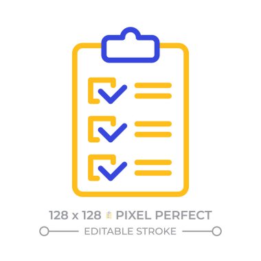 Anket panosu piksel mükemmel iki renk çizgisi simgesi. Yapılacaklar listesi, görev kontrol listesi. Düzenleyici çift renk ana hat sembolünü kontrol eder. Duotone lineer piktogram. İzole bir illüstrasyon. Düzenlenebilir vuruş