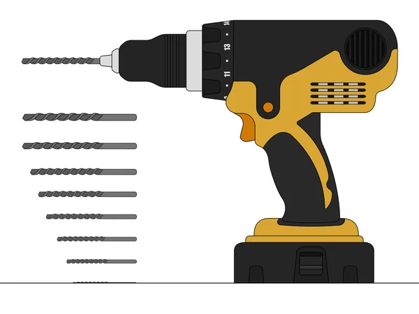 Taladro eléctrico y brocas — Vector de stock