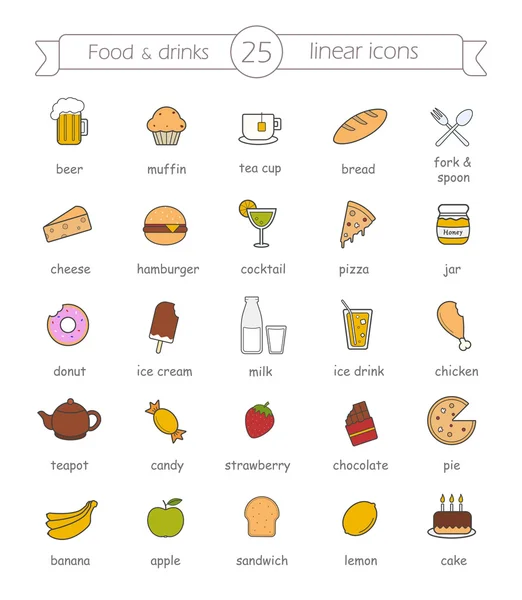 Conjunto de alimentos y bebidas, iconos de nutrición — Vector de stock