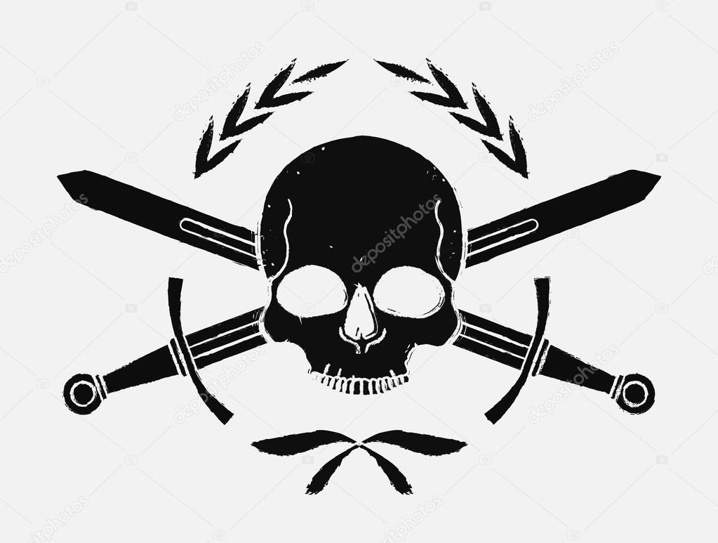 Skull and crossed swords medieval black emblem in laurel wreath. Grunge print, vector illustration