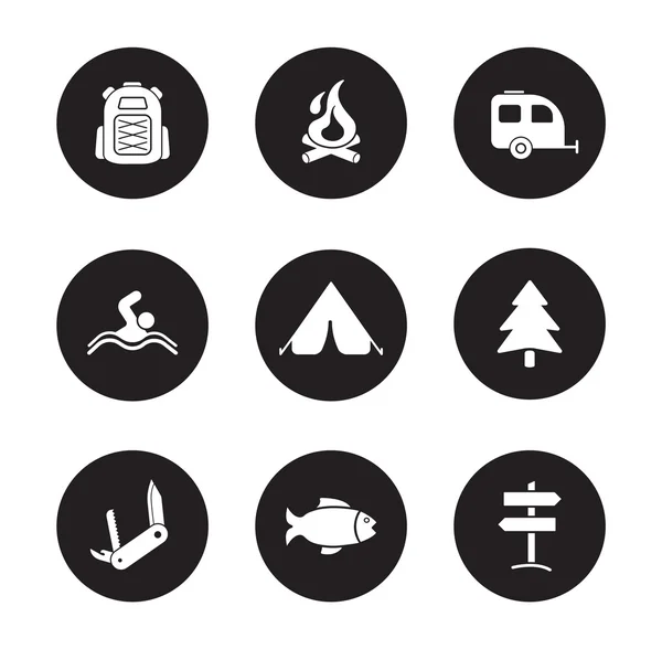 Camping and tourism black icons set