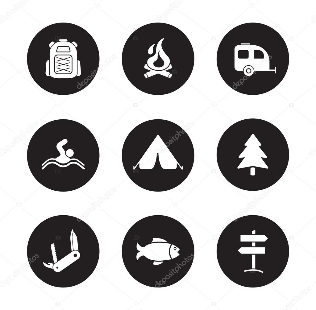 Camping and tourism black icons set