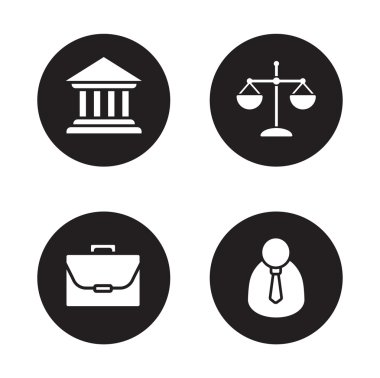 Law and justice black icons set clipart