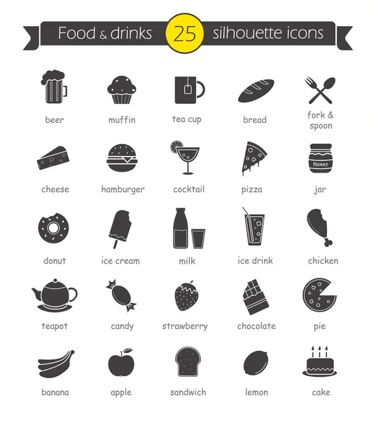 Conjunto de iconos de silueta de alimentos y bebidas — Vector de stock