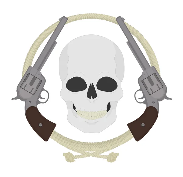Totenkopf mit Revolver und Lasso-Emblem — Stockvektor