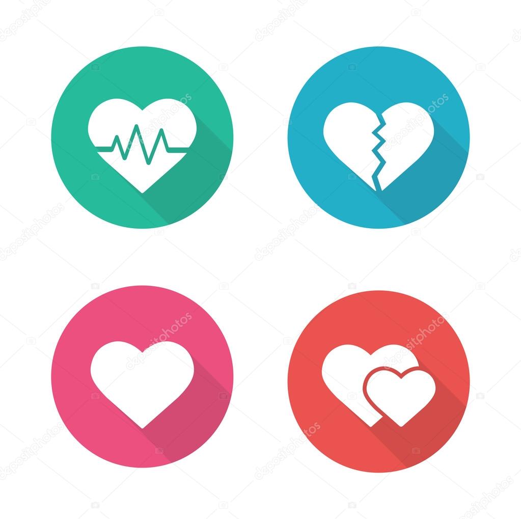 Heart shapes flat design icons set. Cardiology clinic logo concept. Long shadow pictograms. Heartbeat rhythm, broken heart, love sign, romantic relationship icons