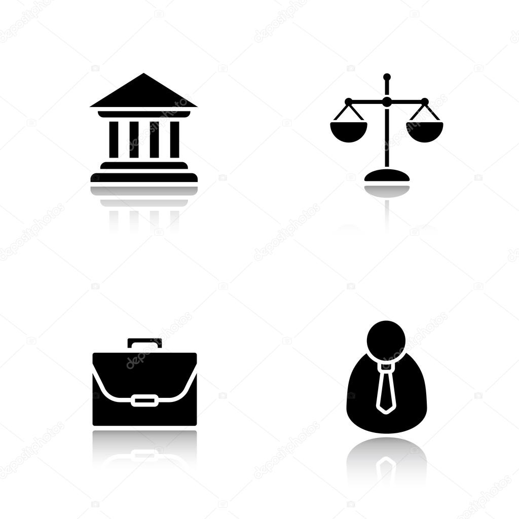 Law drop shadow icons set. Courthouse and scales of justice, jurisprudence and government system, lawyer and briefcase black symbols. vector