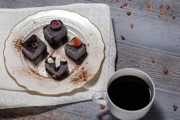 Still Life Chocolate Cake Dessert Cup Coffee Wooden Table — Stock Photo, Image