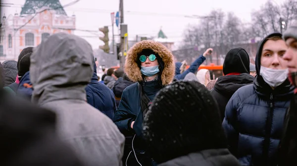 Nizhniy Novgorod, Rússia 23 de janeiro de 2021: Protesto contra Putin e seus amigos, em defesa de Alexei Navalny. — Fotografia de Stock