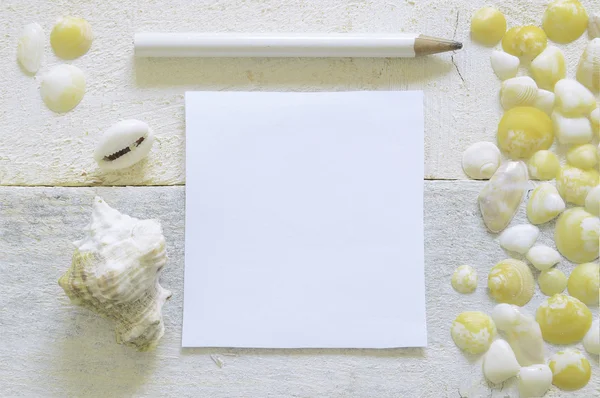 Un bolígrafo listo para tomar notas sobre una mesa de madera blanca decorada con algunas conchas marinas — Foto de Stock
