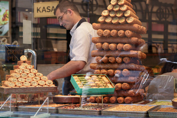 Delicious Turkish sweets on the shelves