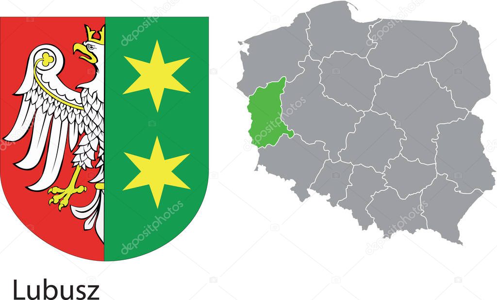 Vector drawing of the area emblem and location on the country map. Map of Poland with the contour of the region. Perfect quality, perfect for printing in newspapers, flyers, roll-ups, banners and more... Lubuskie