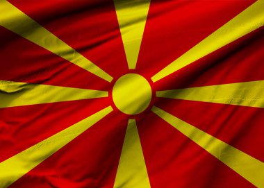 Kuzey Makedonya Cumhuriyeti bayrağı rüzgarda dalgalanıyor. Arkaplan dokusu. Üsküp. 3d Illustration. 3d Hazırlama.