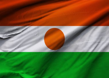 Nijer Cumhuriyeti bayrağı rüzgarda dalgalanıyor. Arkaplan dokusu. Niamey. 3d Illustration. 3d Hazırlama.