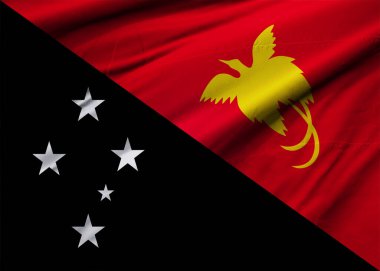 Papua Yeni Gine 'nin bağımsız bayrağı rüzgârda dalgalanıyor. Arkaplan dokusu. Moresby Limanı. 3d Illustration. 3d Hazırlama.