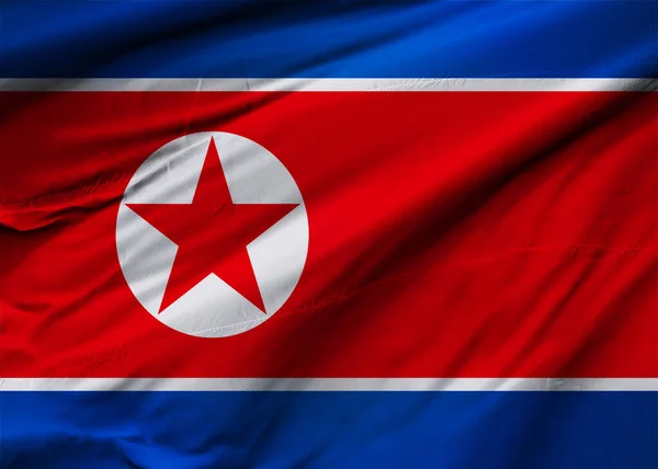 Kore Demokratik Halk Cumhuriyeti bayrağı rüzgarda dalgalanıyor. Arkaplan dokusu. Pyongyang 'da. 3d Illustration. 3d Hazırlama.